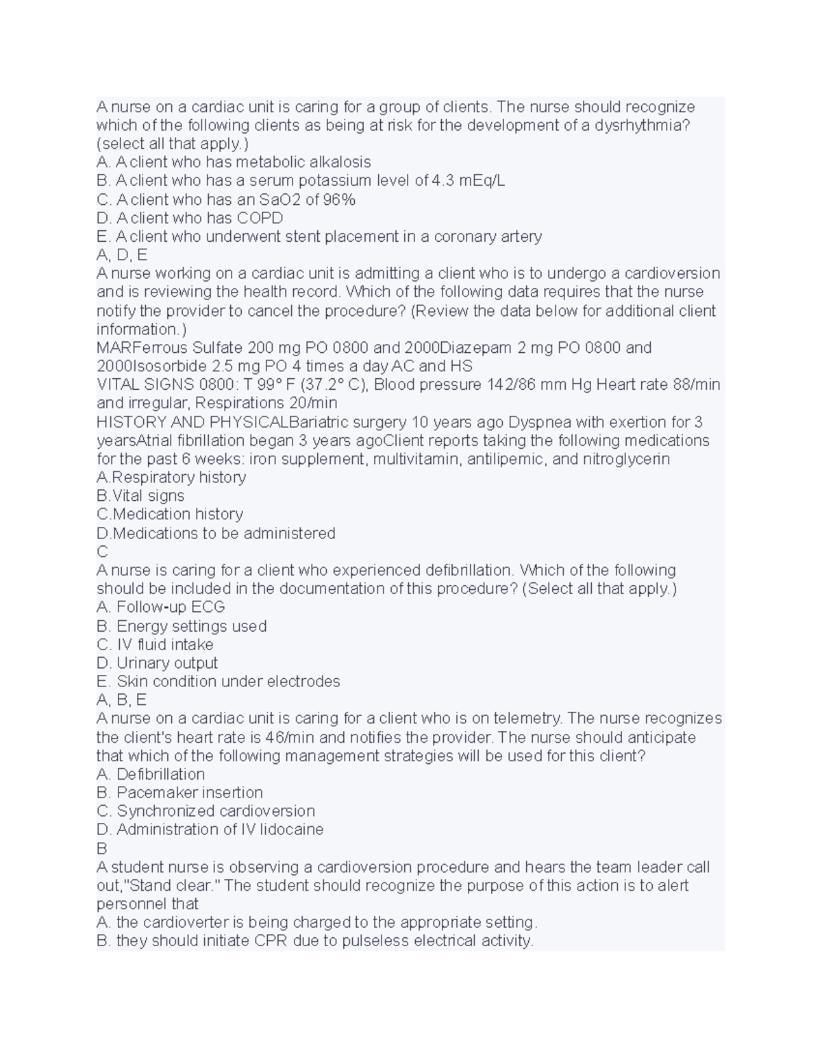 Cardiac Unit Nursing Quiz - Studocu