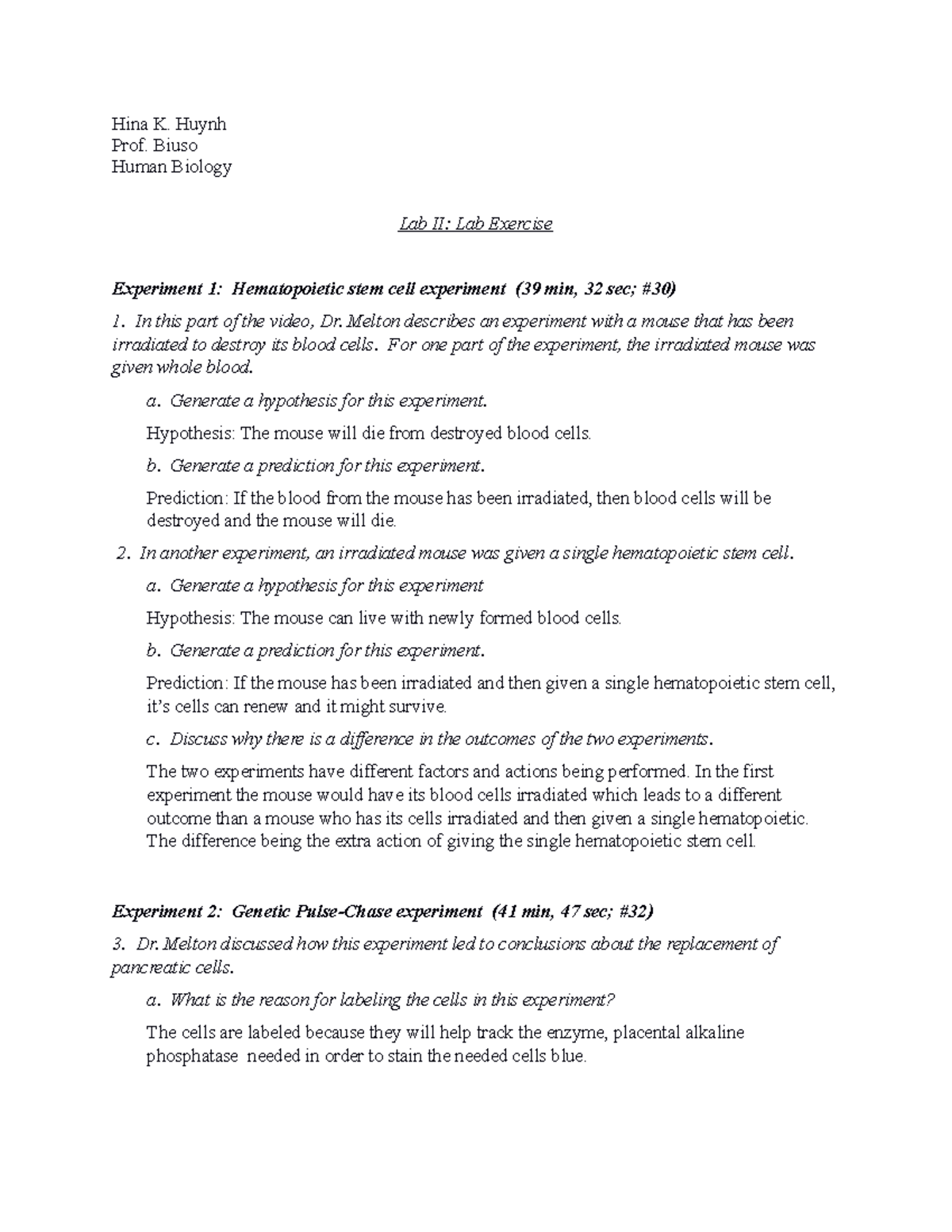 HUM BIO-Lab2Report - Prof. Buiso - Lab - Hina K. Huynh Prof. Biuso ...