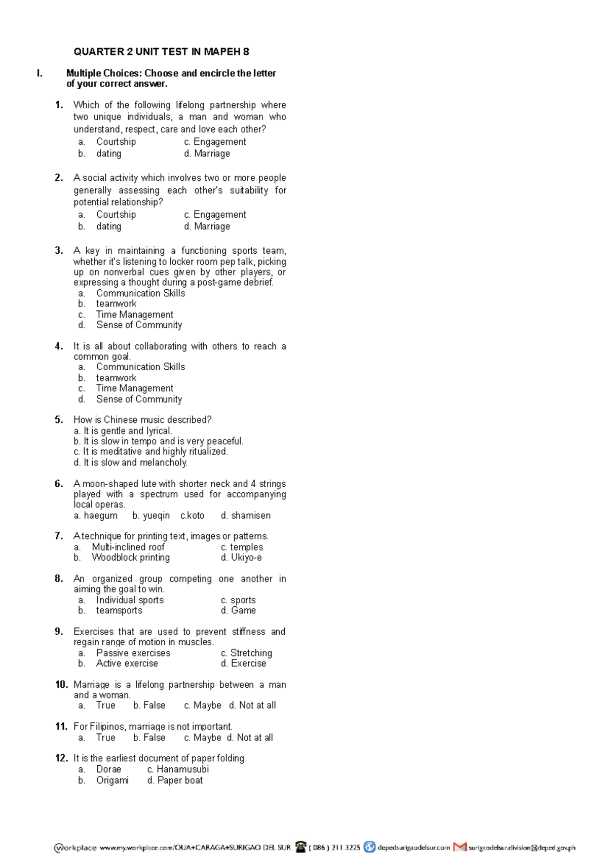 UNIT TEST Mapeh 8 - EXAMINATION - QUARTER 2 UNIT TEST IN MAPEH 8 I ...