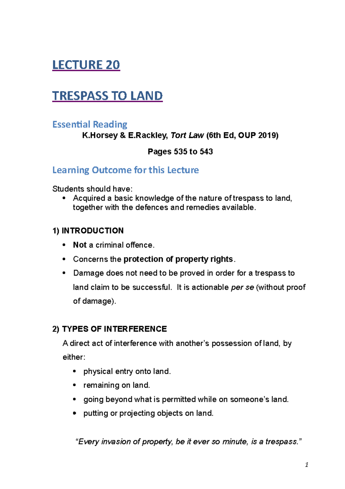 Lecture 20 (Trespass to Land) - LECTURE 20 TRESPASS TO LAND Essential ...