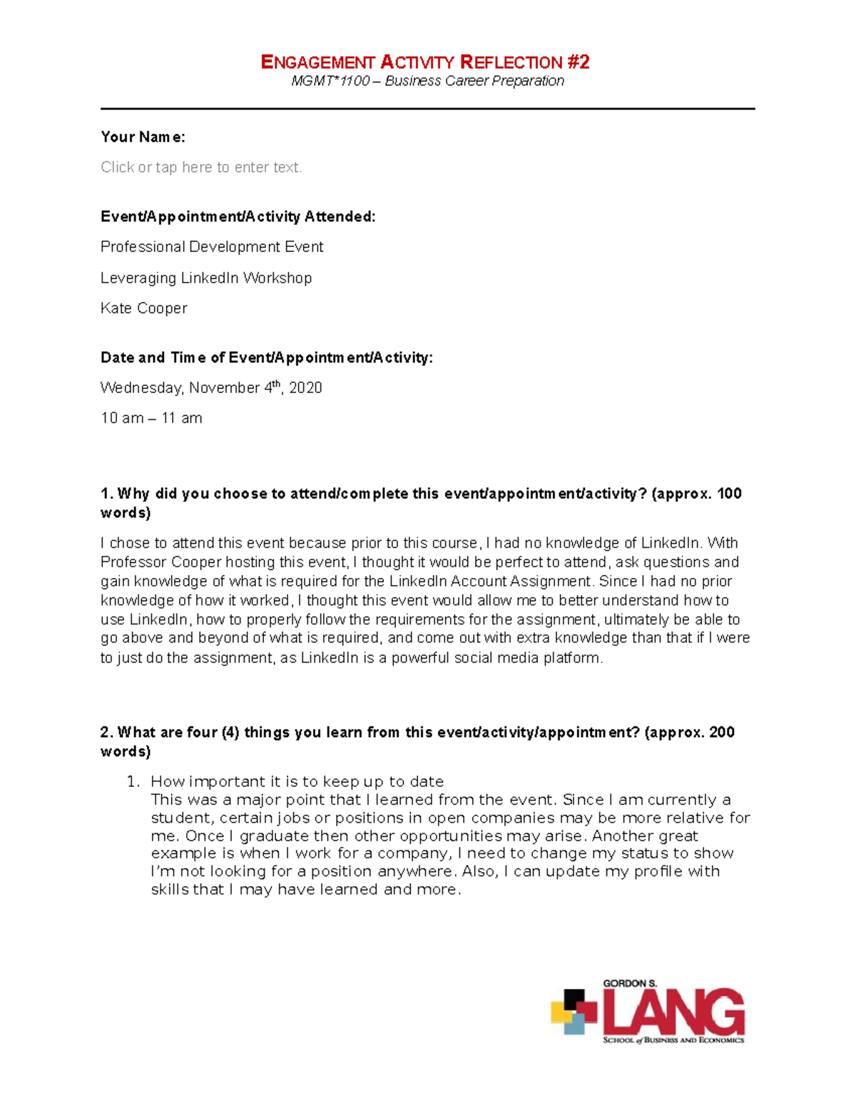 Engagement Activity Reflection #2 - ENGAGEMENT ACTIVITY REFLECTION MGMT ...