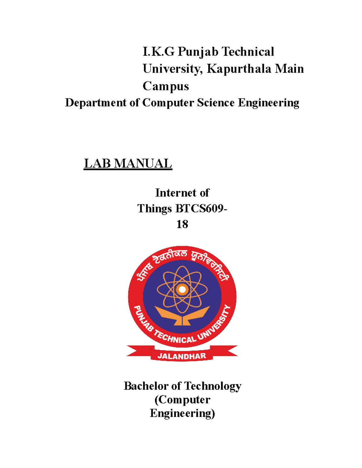 Io T Lab Manual COE6 I.K Punjab Technical University, Kapurthala