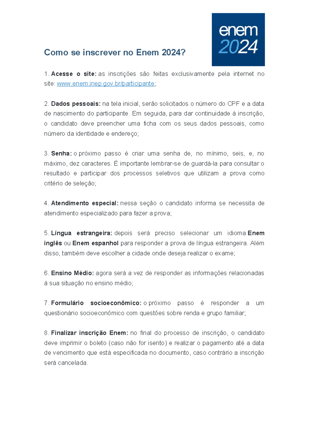 Como se inscrever no Enem 2024 - inep.gov/participante; Dados pessoais ...