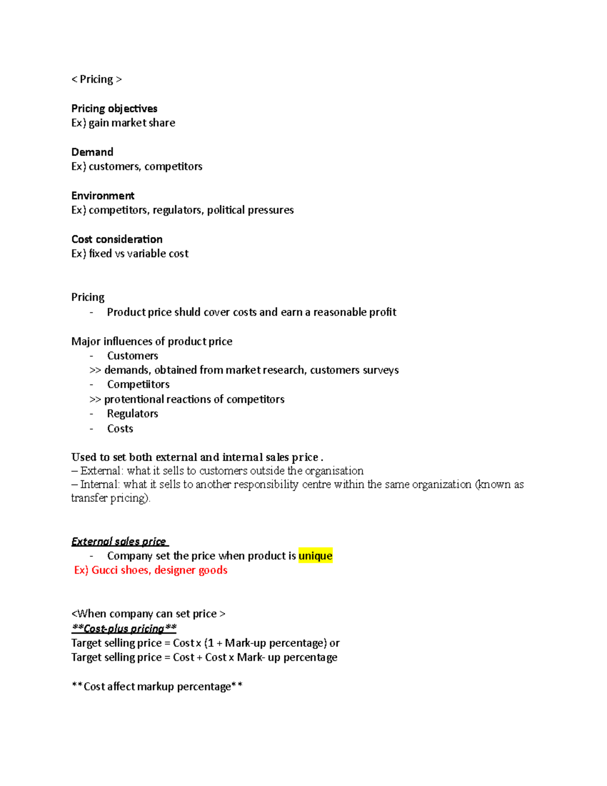 Pricing week. 9 - note - Pricing objectives Ex) gain market share ...
