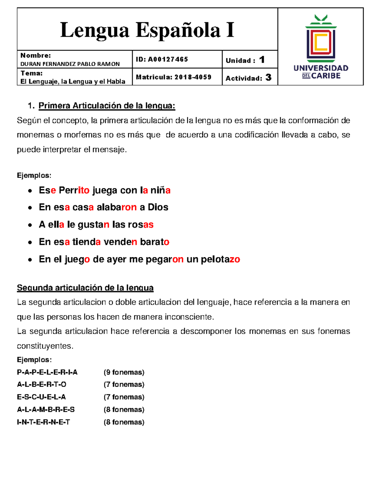 1.3 -Duran Pablo El Lenguaje, La Lengua Y El Habla - Nombre: DURAN ...