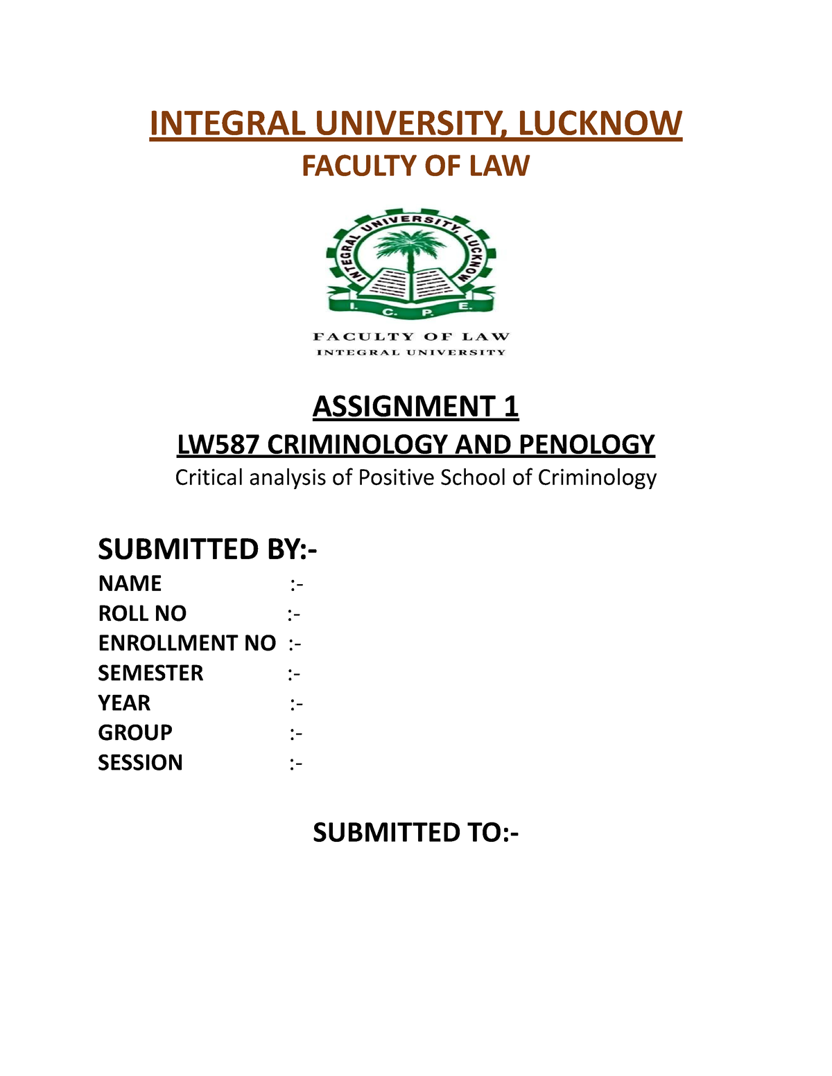 integral university assignment front page pdf