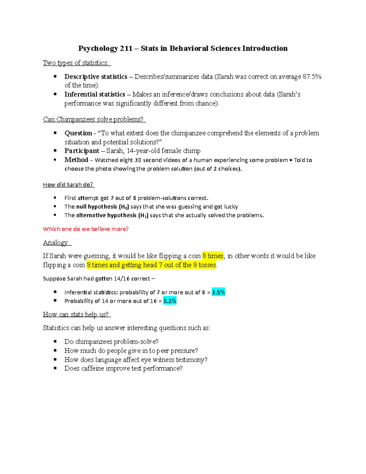 Psychology 211 - Chap 1 Notes - Psychology 211 – Stats In Behavioral ...