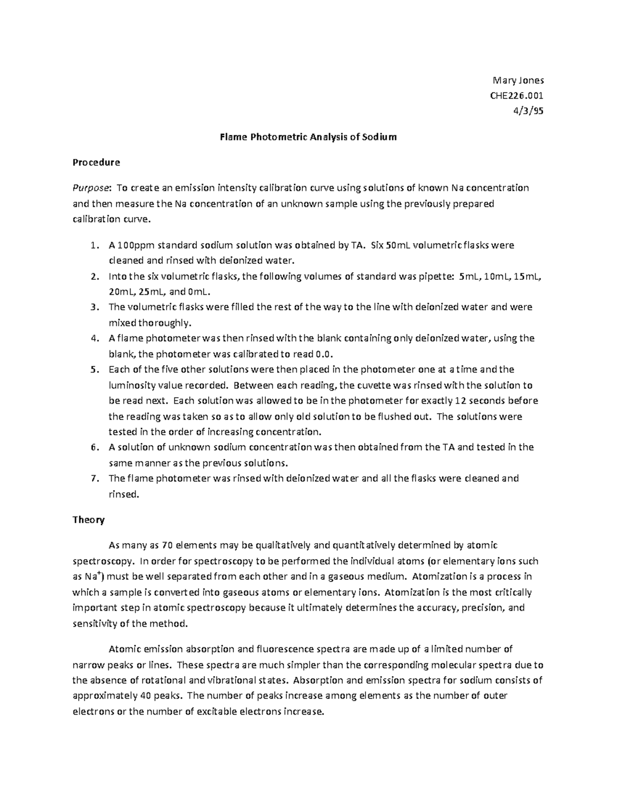 Sample Report 3 - Mary Jones CHE226 4/3/95 Flame Photometric Analysis ...