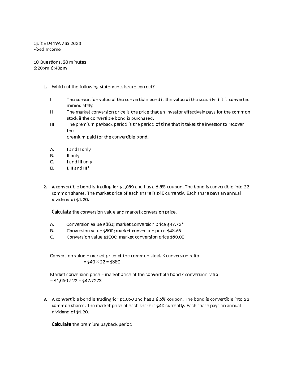 Quiz 4 BU449 A 733 2023 Answers - Quiz BU449A 733 2023 Fixed Income 10 ...