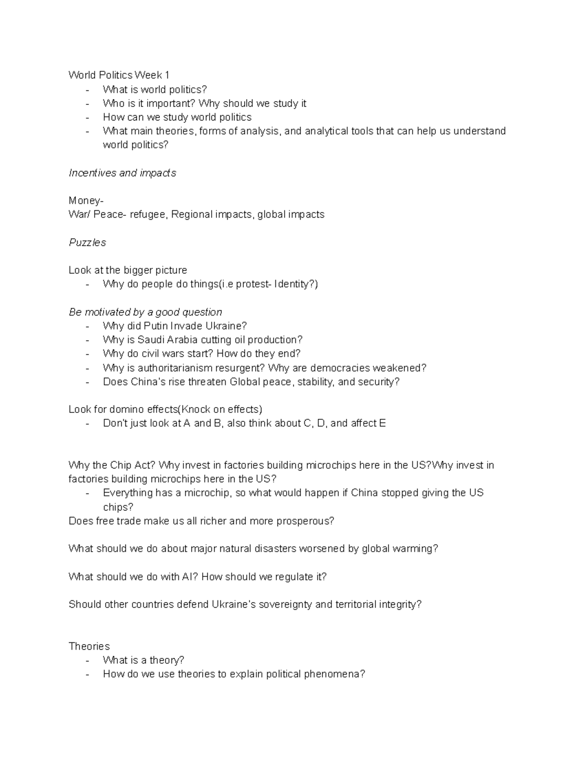 World Politics fifth edition notes from class World Politics Week