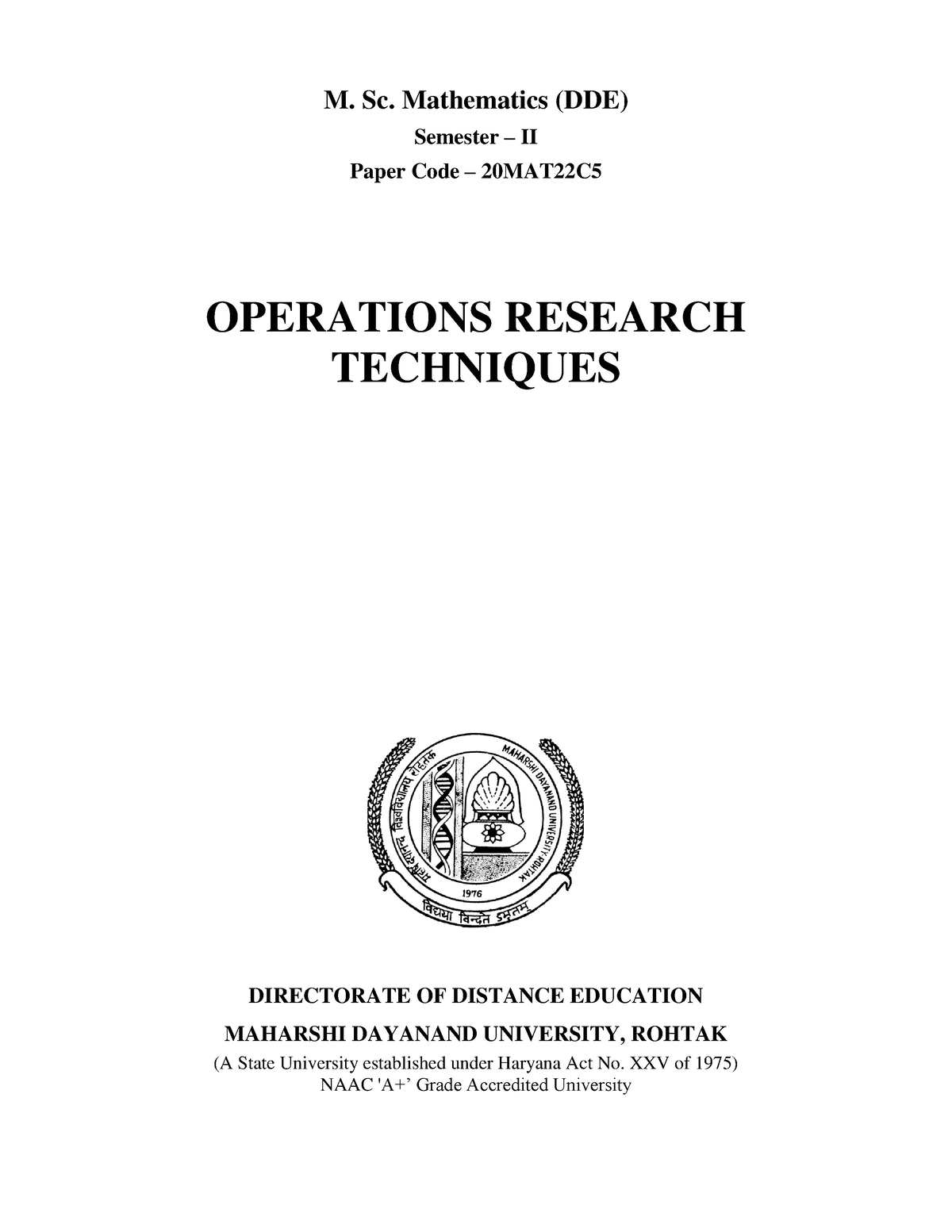 Operation Research - M. Sc. Mathematics (DDE) Semester – II Paper Code ...