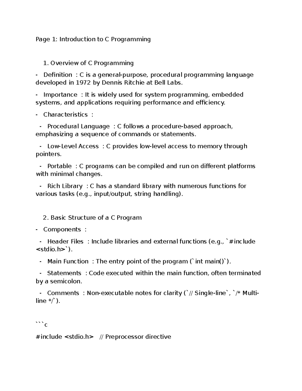 C Notes - Page 1: Introduction to C Programming 1. Overview of C ...