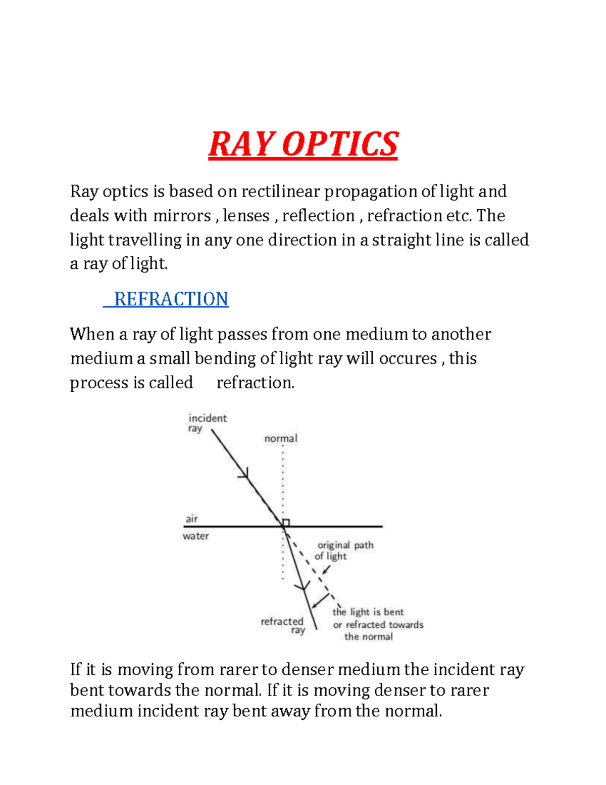 Ray optics RAY OPTICS Ray optics is based on rectilinear propagation