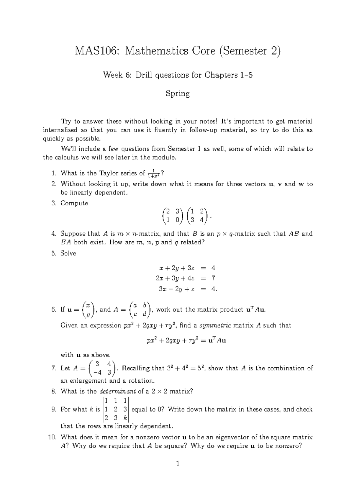 MAS106 S2 weekly week6prob - MAS106: Mathematics Core (Semester 2) Week ...