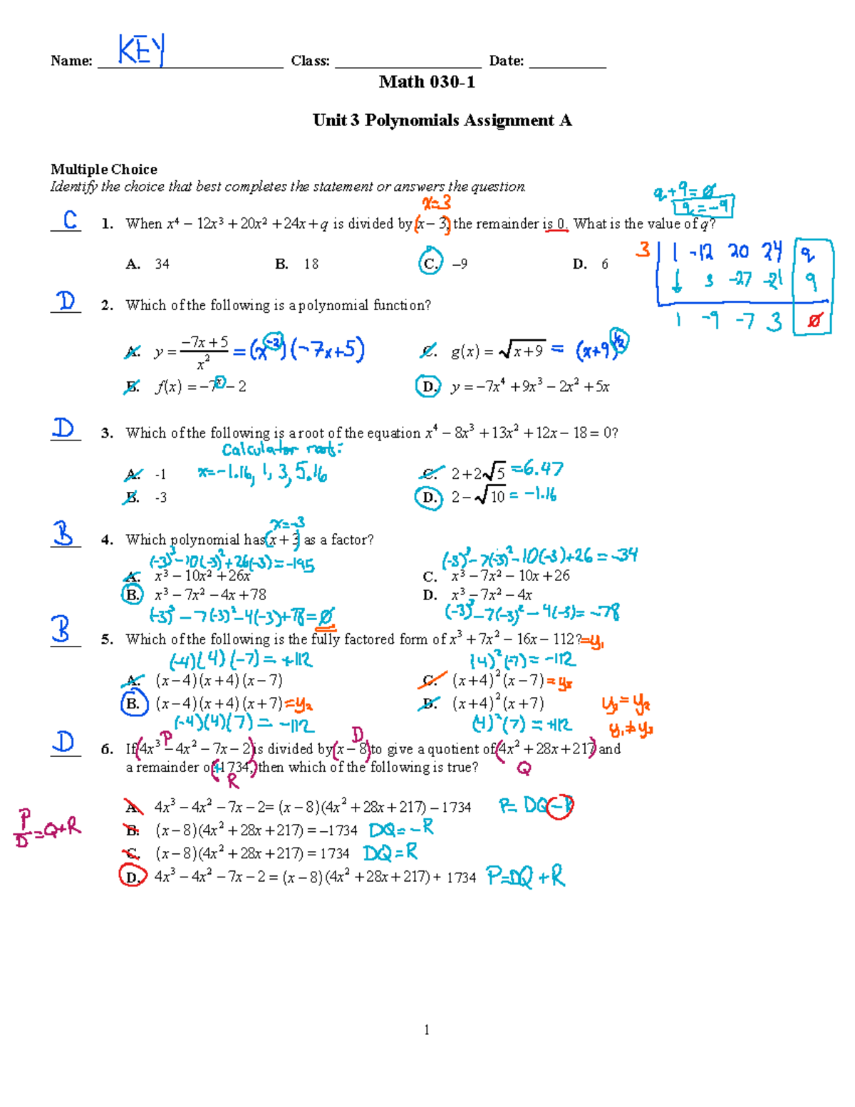 Unit 3 Assignment A KEY - Name: ________________________ Class ...