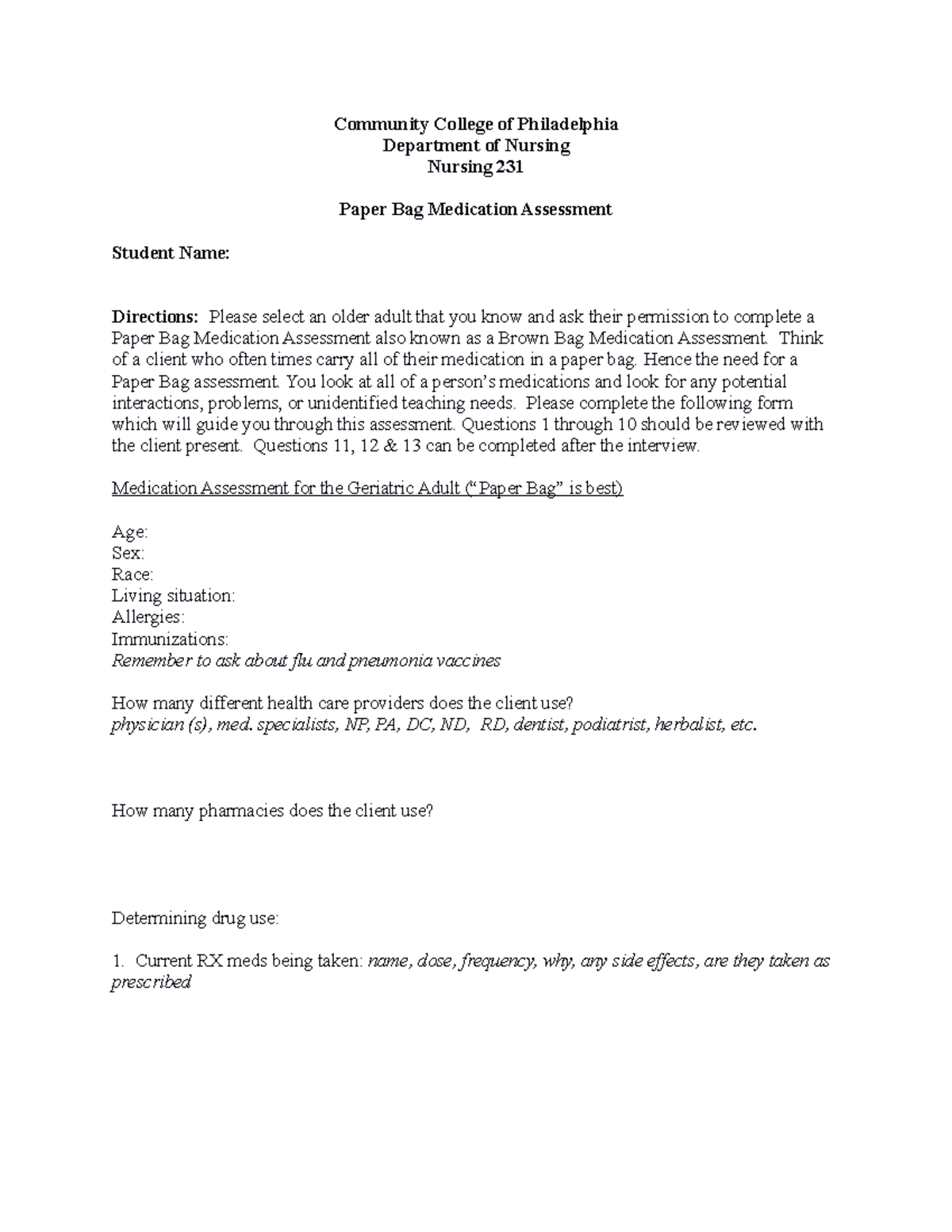 Paper Bag Medication Assessment - Think of a client who often times ...