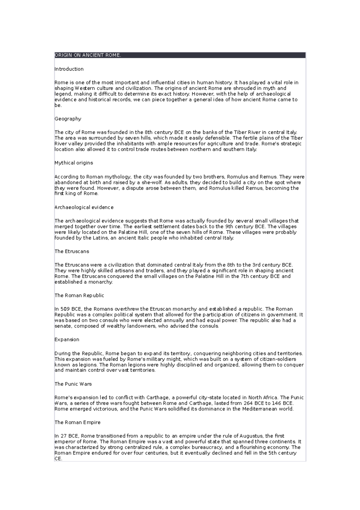 Origin ON Ancient ROME - ORIGIN ON ANCIENT ROME. Introduction Rome is ...