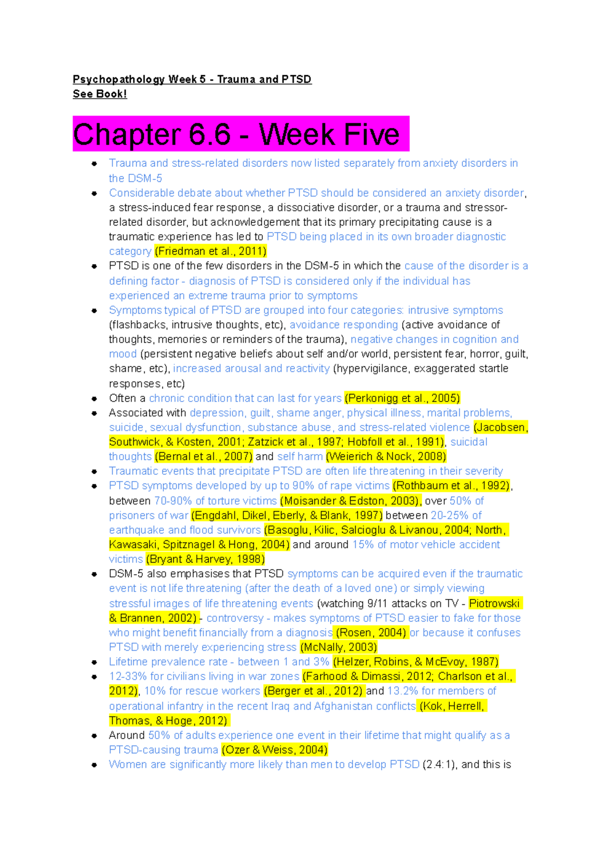 Psychopathology Week 5 - Trauma and PTSD Supplementary Reading Notes ...