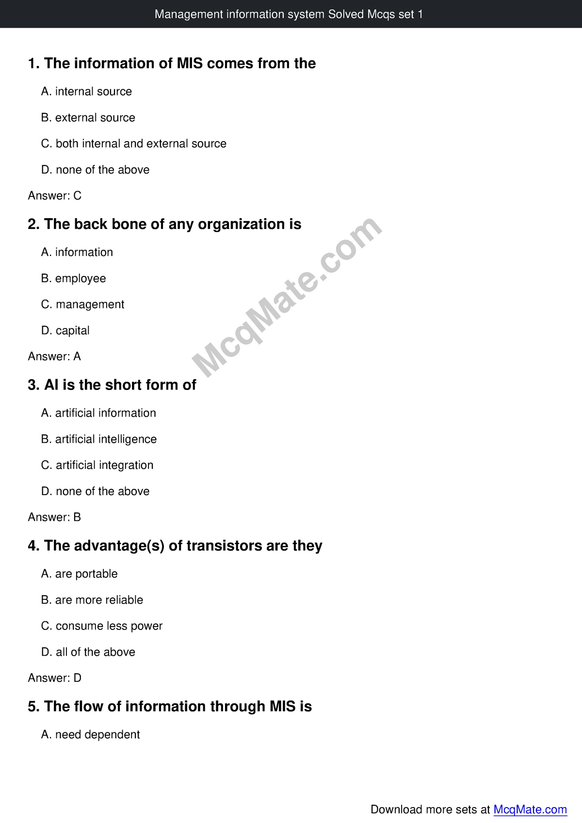 Management Information System Solved Mcqs Set 1 Mcq Mate - 1. The ...