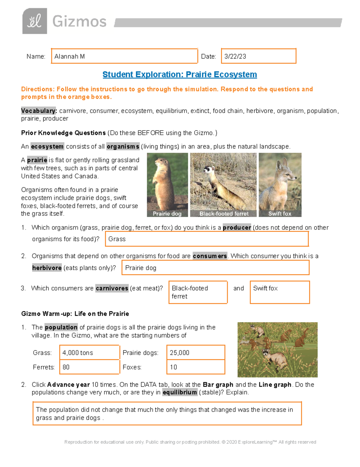 Prairie Ecosystem SE - Name: Alannah M Date: 3/22/ Student Exploration ...