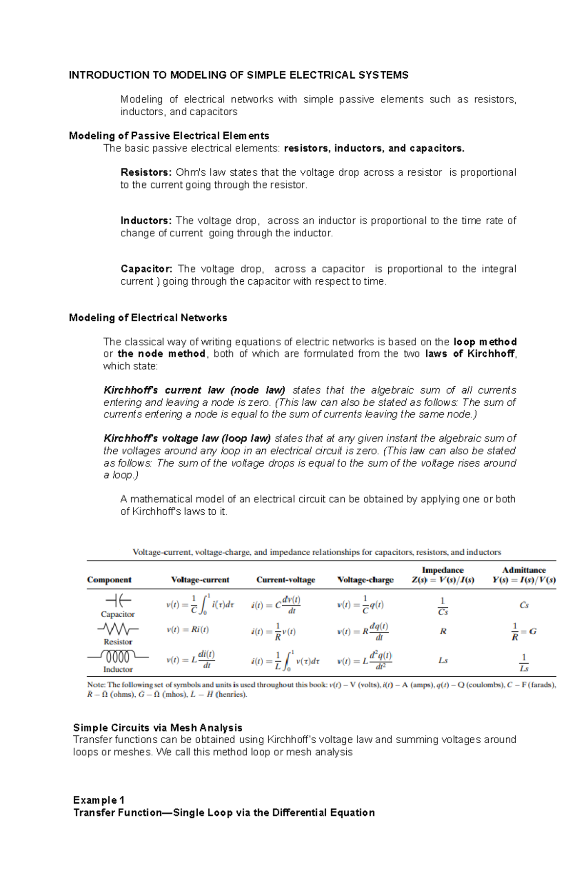Electric Circuit Transfer Function INTRODUCTION TO MODELING OF SIMPLE ELECTRICAL SYSTEMS