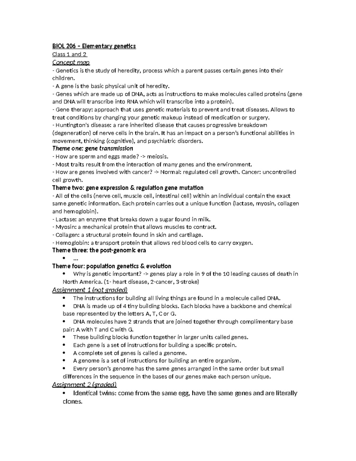 BIOL 206 - BIOL 206 – Elementary genetics Class 1 and 2 Concept map ...
