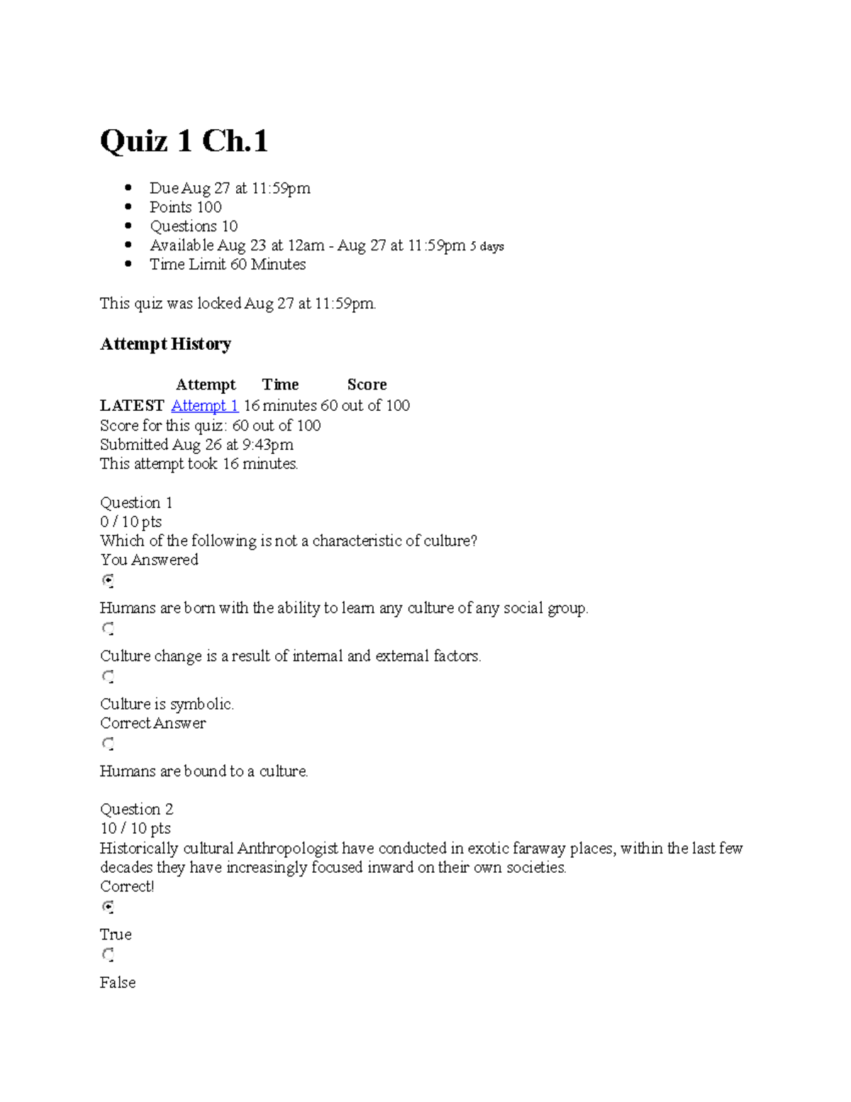 Anthropology study chapter 1-5 quizes - Quiz 1 Ch. Due Aug 27 at 11 ...