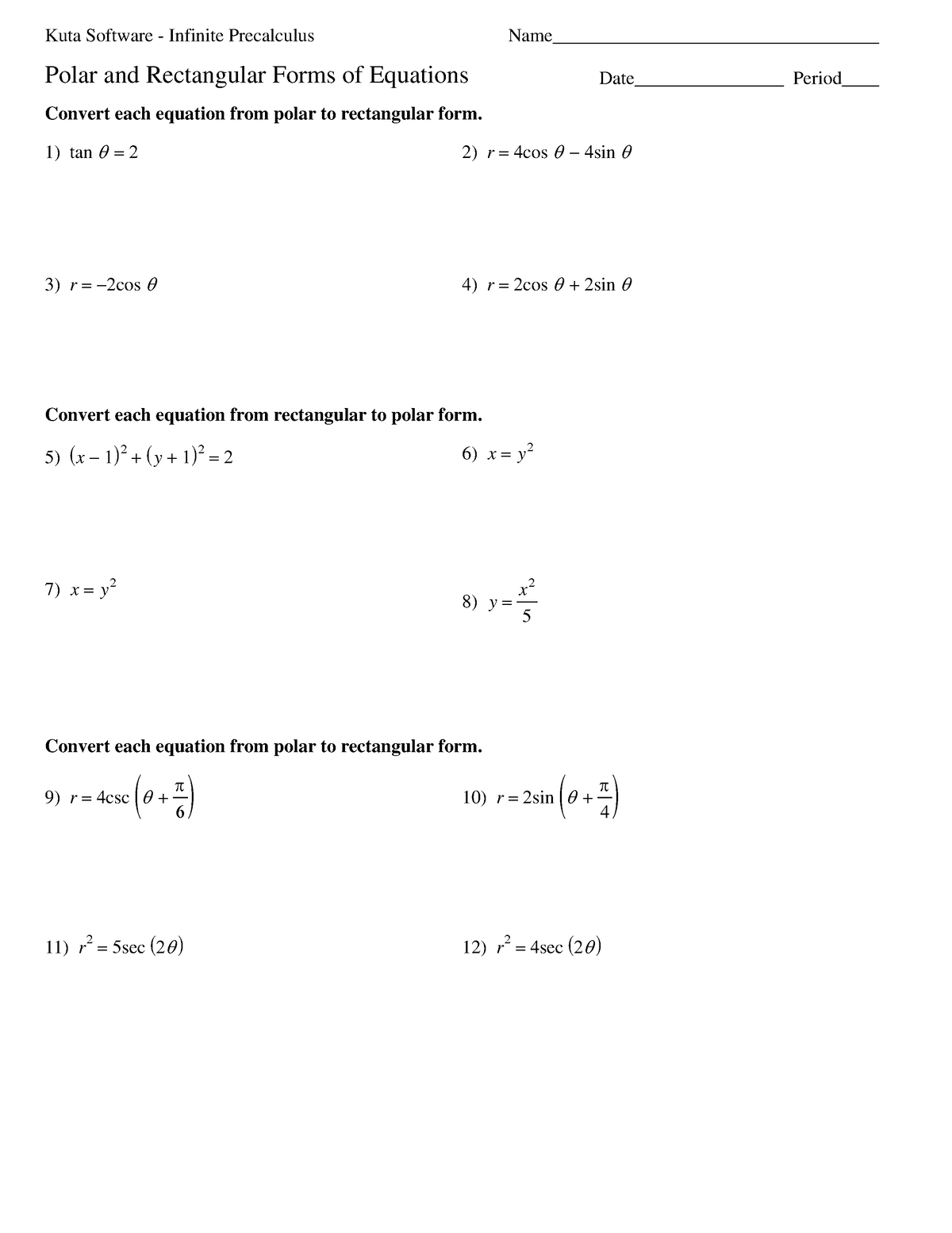 Kuta software infinite precalculus polar 2025 and rectangular forms of equations