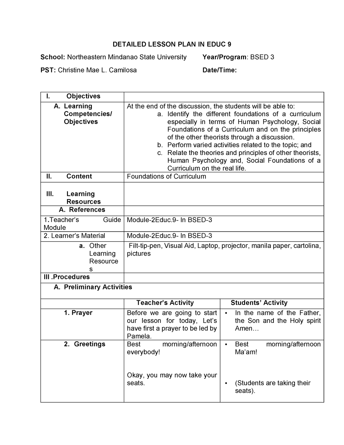 Sample 4As Detailed Lesson Plan - DETAILED LESSON PLAN IN EDUC 9 School ...