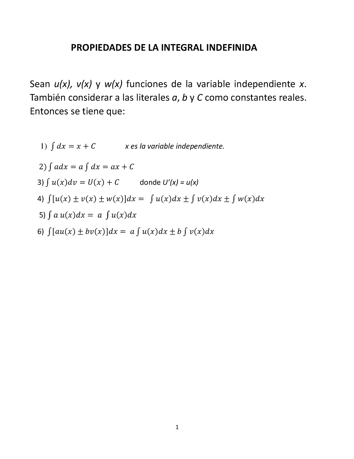 Fórmulas De Integrales Inmediatas Propiedades De La Integral Indefinida Sean Ux Vx Y Wx 9859