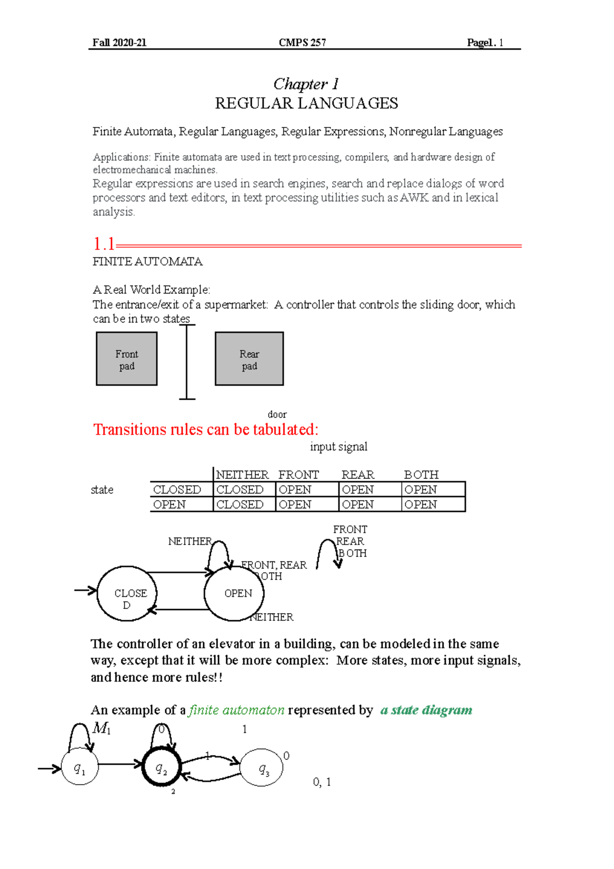 Ch1 1 Finite Automata-Th-09-10-2020 - Chapter 1 REGULAR LANGUAGES ...