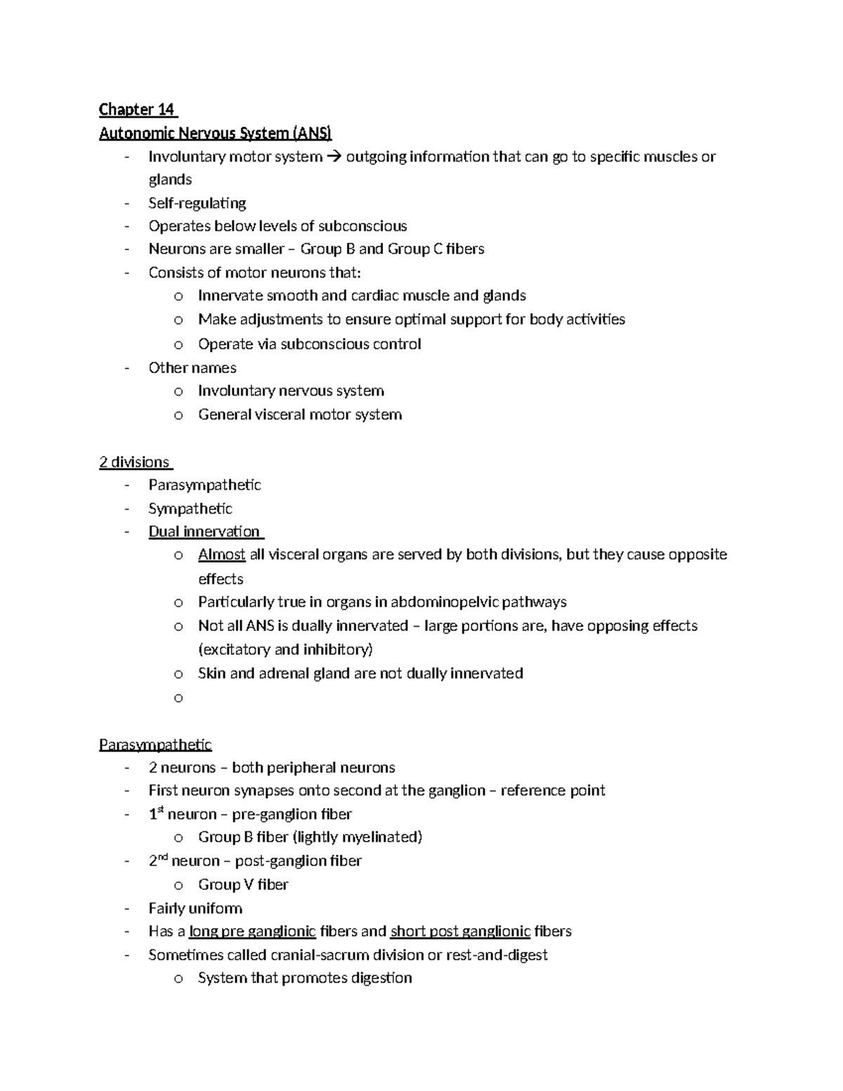 Exam 2 - Chapter 14 Autonomic Nervous System (ANS) - Involuntary motor ...