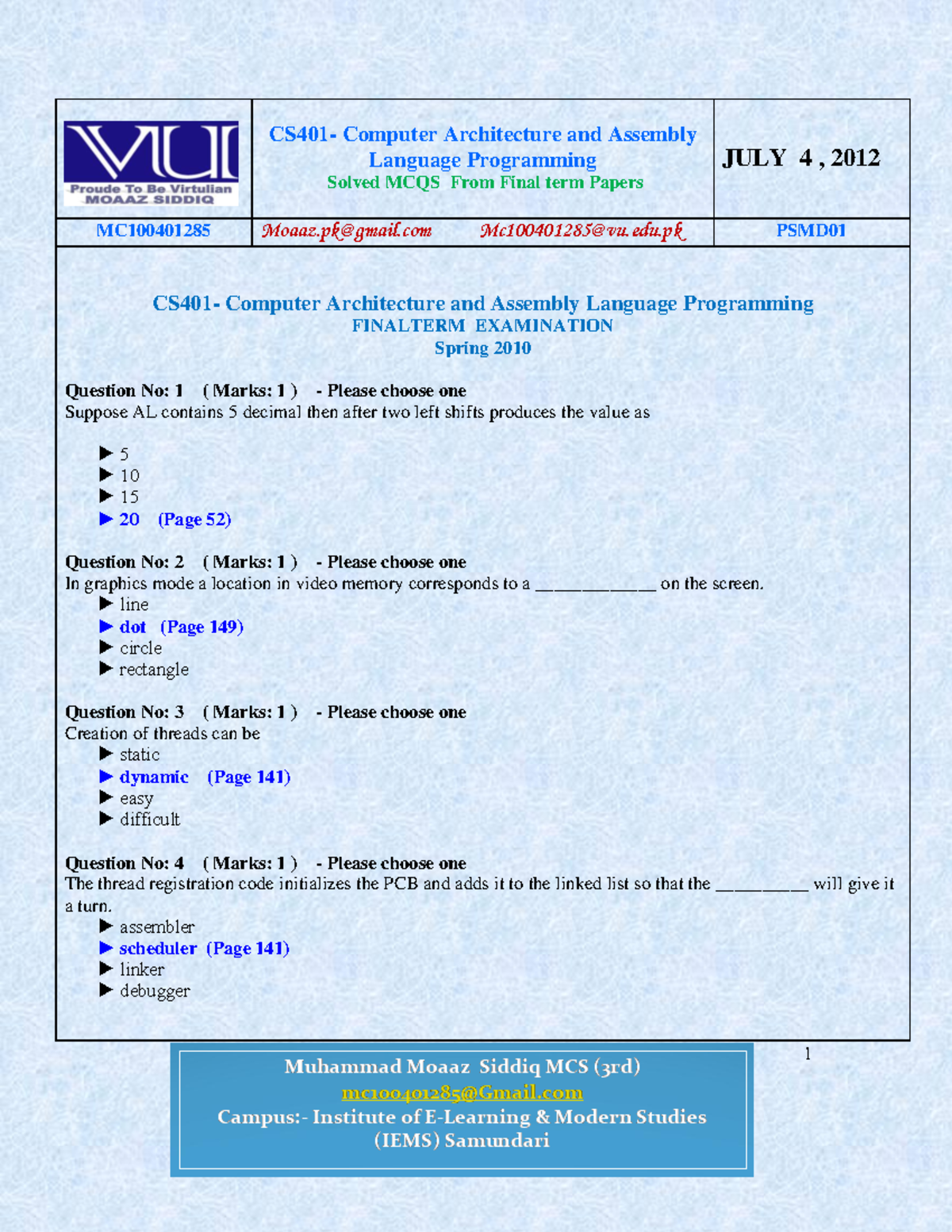 Cs401 Finalterm Solved Mcqs With References By Moaaz Cs401 Computer Architecture And Cs401 Finalterm Solved Mcqs With References By Moaaz Cs401 Computer Architecture And