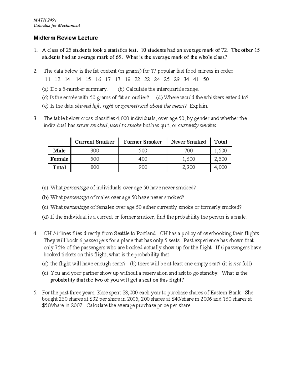 2491 Midterm Extra Practice Questions - 2021 - MATH 2491 Calculus for ...