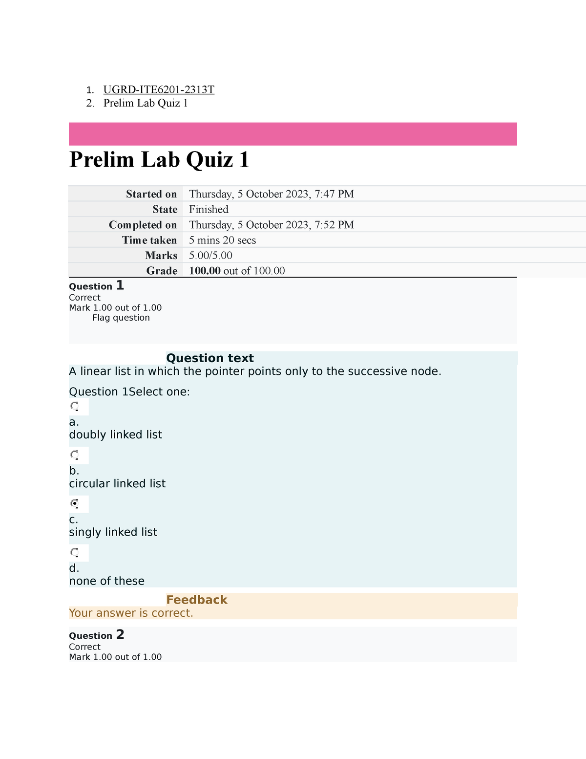 Data Stracture And Algorithms Prelim Lab Quiz 1 - 1. UGRD-ITE6201-2313T ...