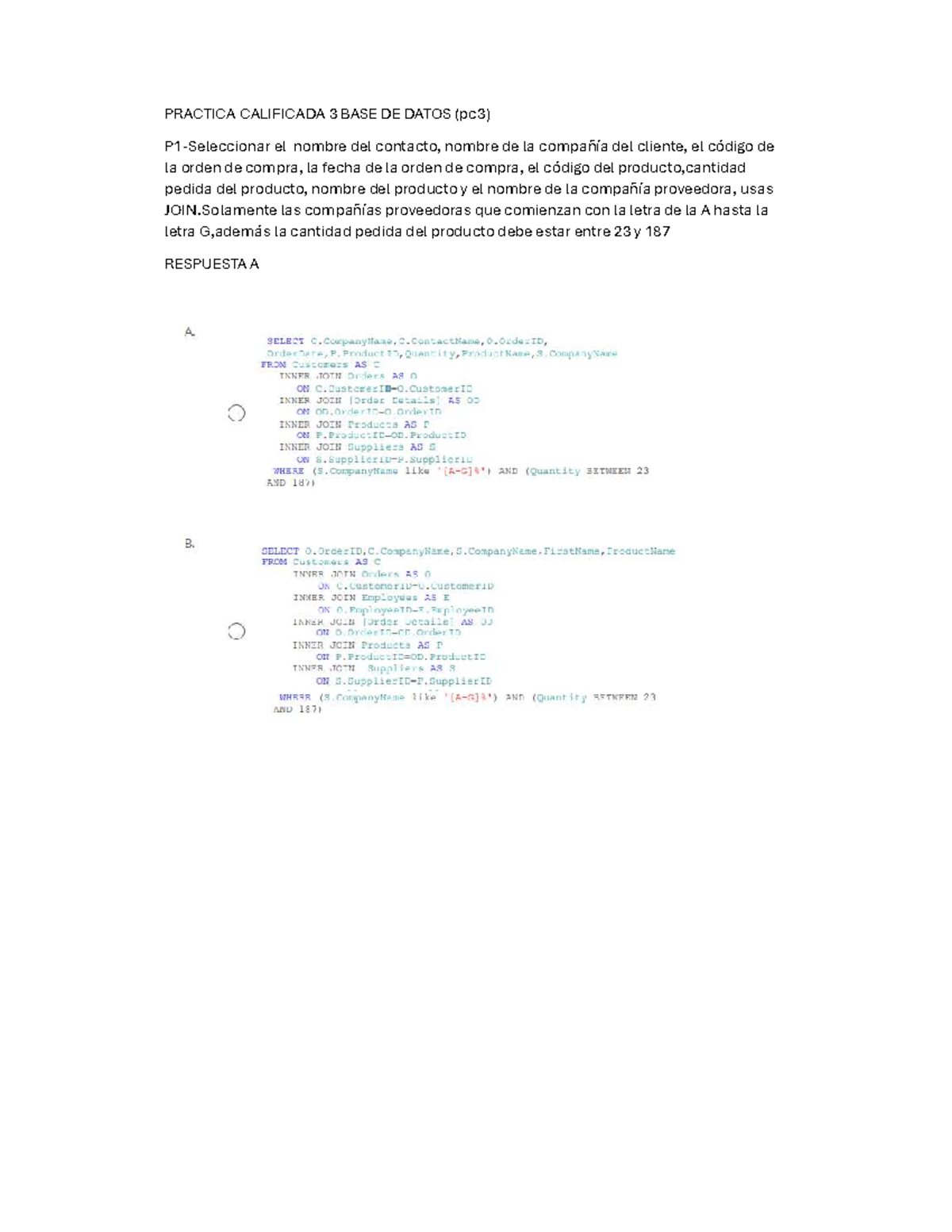 PC3 BASE DE Datos - PRACTICA CALIFICADA 3 BASE DE DATOS (pc3) P1 ...