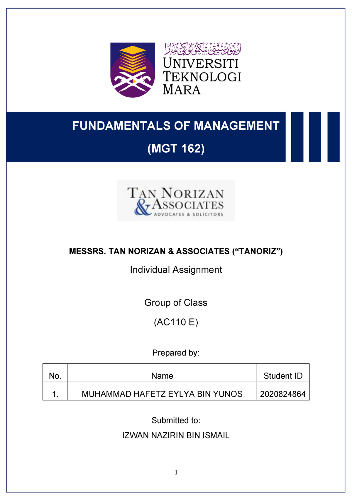 MGT Individual Assignment - 2020824864 - FUNDAMENTALS OF MANAGEMENT ...