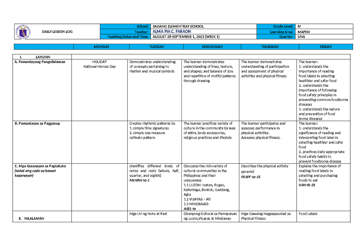 DLL Mapeh 4 Q1 W1 - daily lesson plan for grade 4 - DAILY LESSON LOG ...