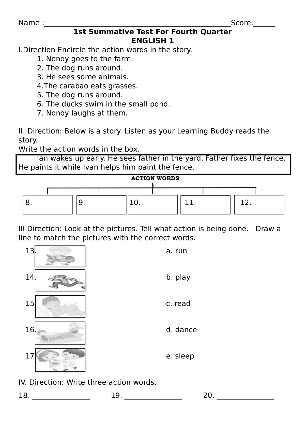 English - Summative Tests 1 & 2 for the Third Quarter - Weeks1-4 - Name ...