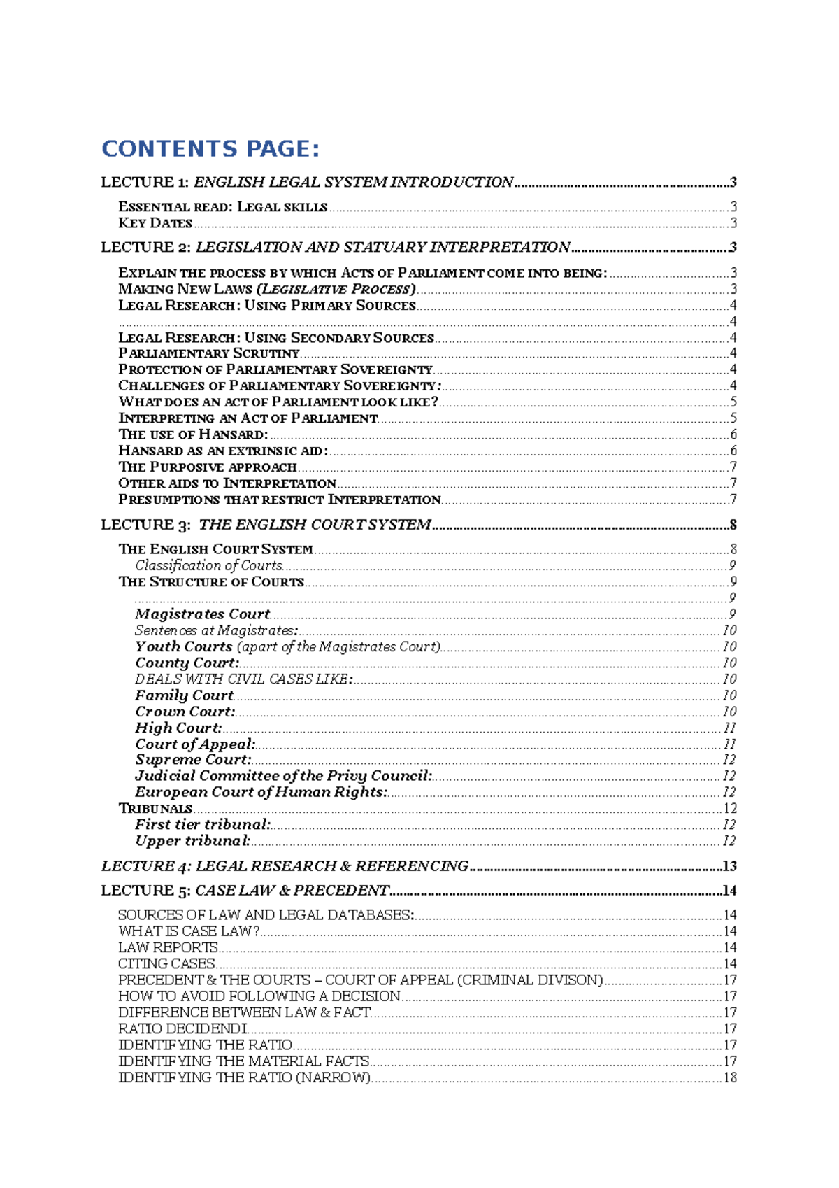 Els Notes - CONTENTS PAGE: LECTURE 1: ENGLISH LEGAL SYSTEM - Studocu