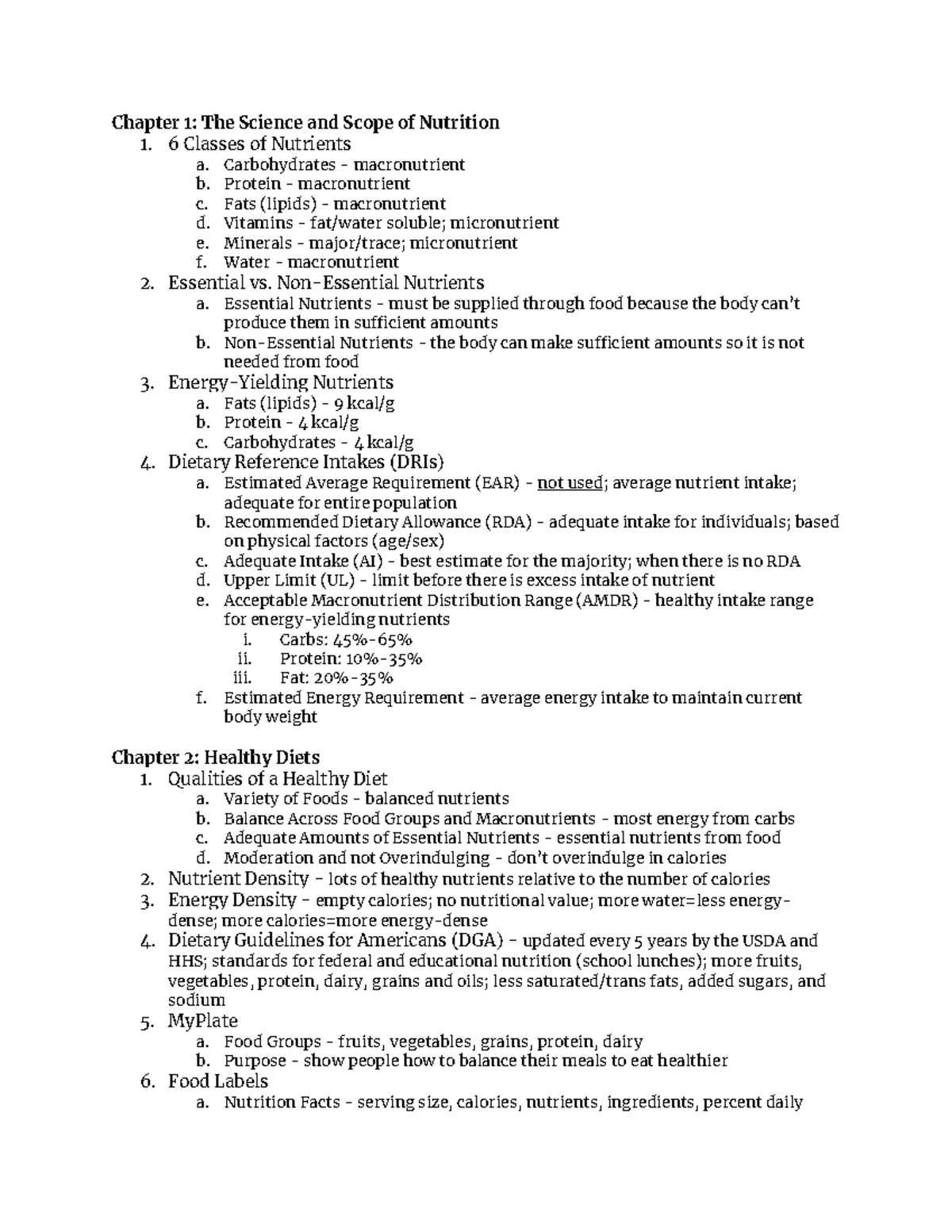 Final Exam Study Guide Chapter 1 The Science and Scope of Nutrition
