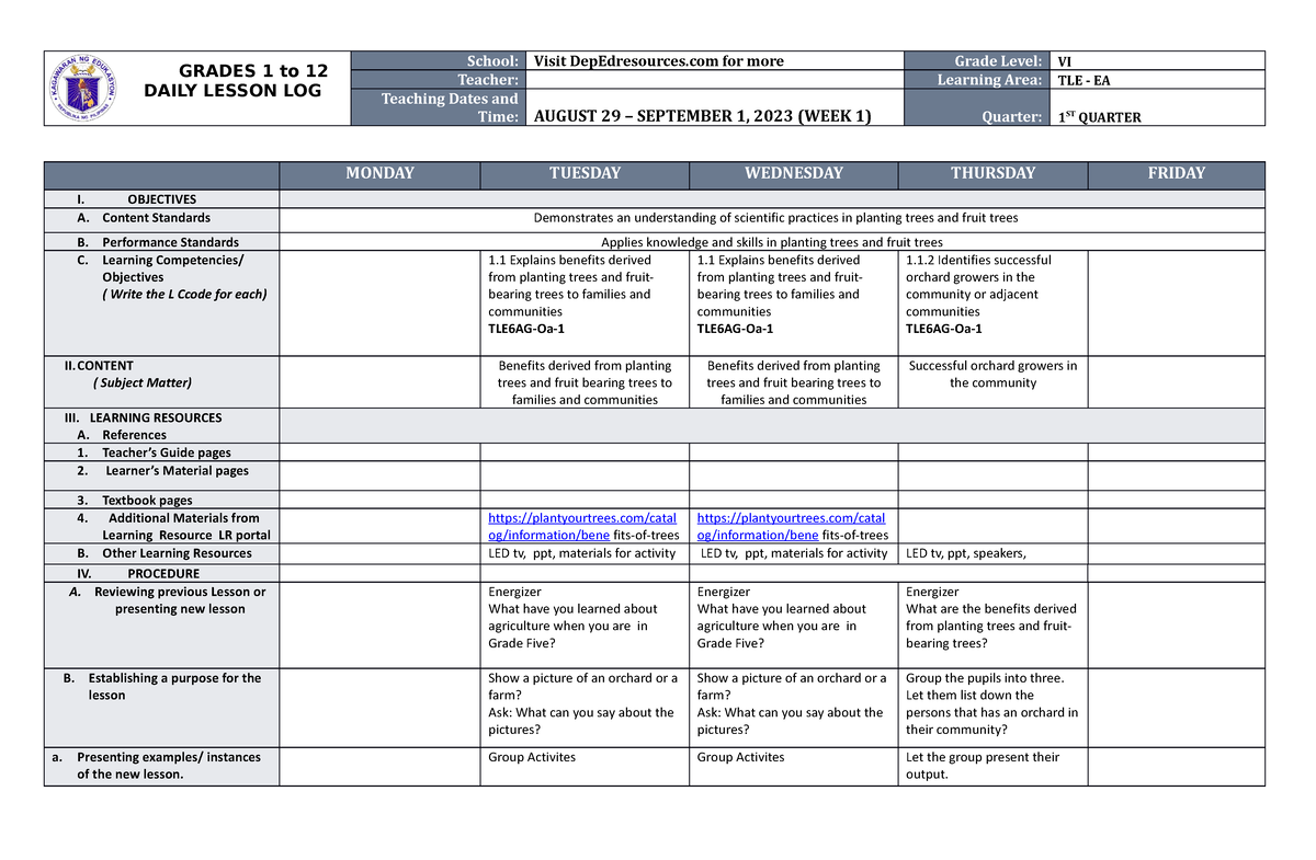 DLL TLE 6 Q1 W1 - dsdada - GRADES 1 to 12 DAILY LESSON LOG School ...