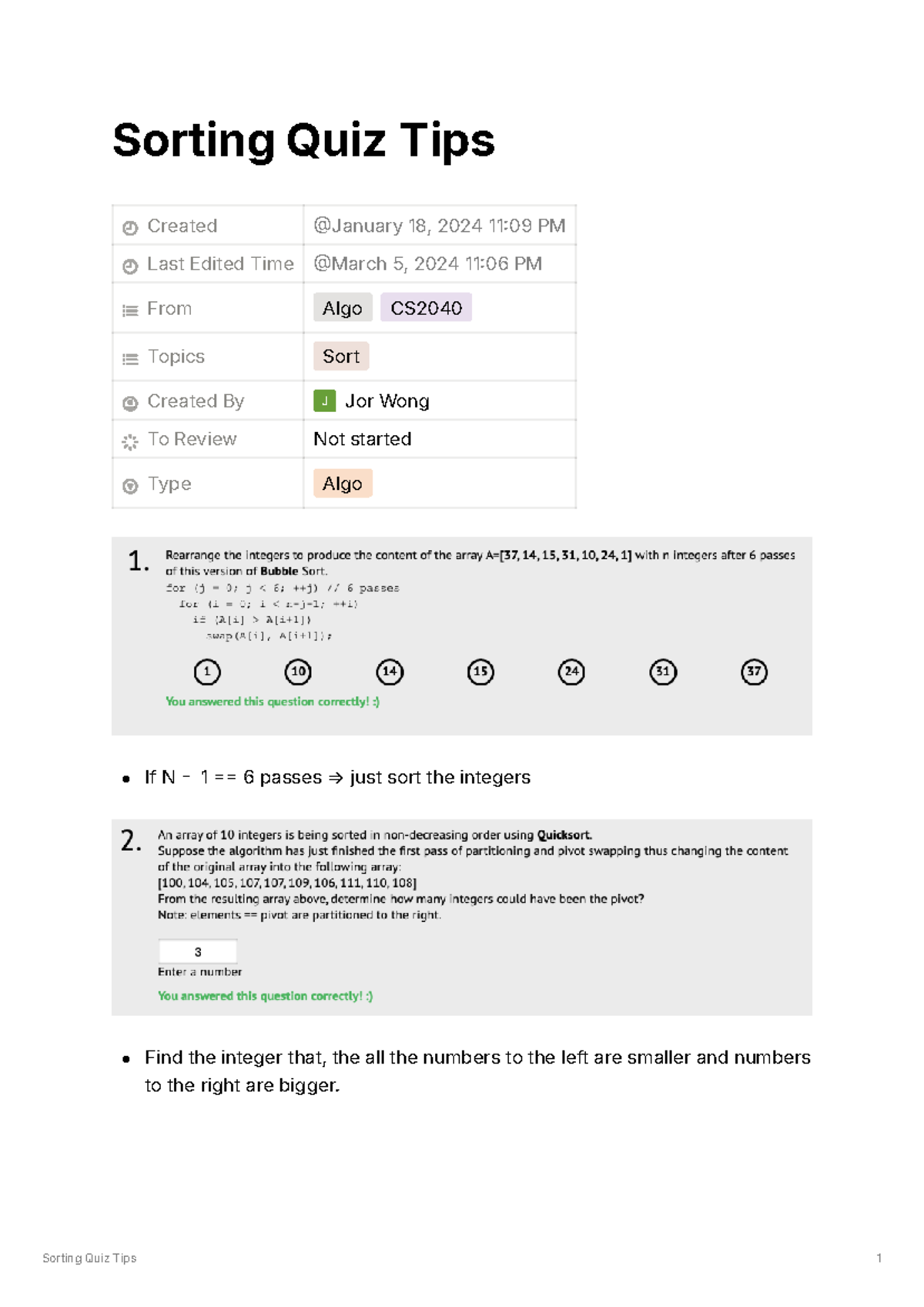 Sorting Quiz Tips 4c0fc4d634b5444dbea5819cccd301b9 CS2040 Sorting
