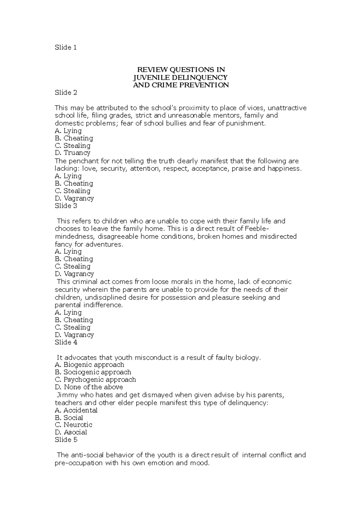 Crim 9 Lecture notes in Criminology Slide 1 REVIEW QUESTIONS IN JUVENILE DELINQUENCY AND