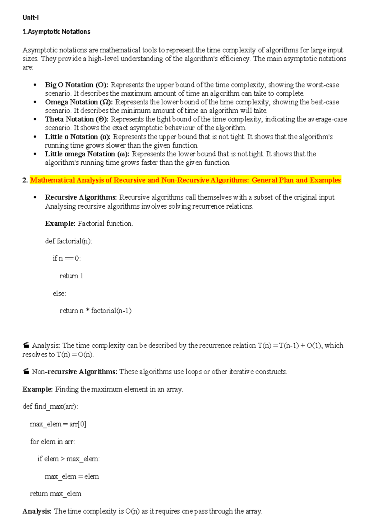 DAA - DAA - imp questions 2024 - Unit-I 1 Notations Asymptotic ...