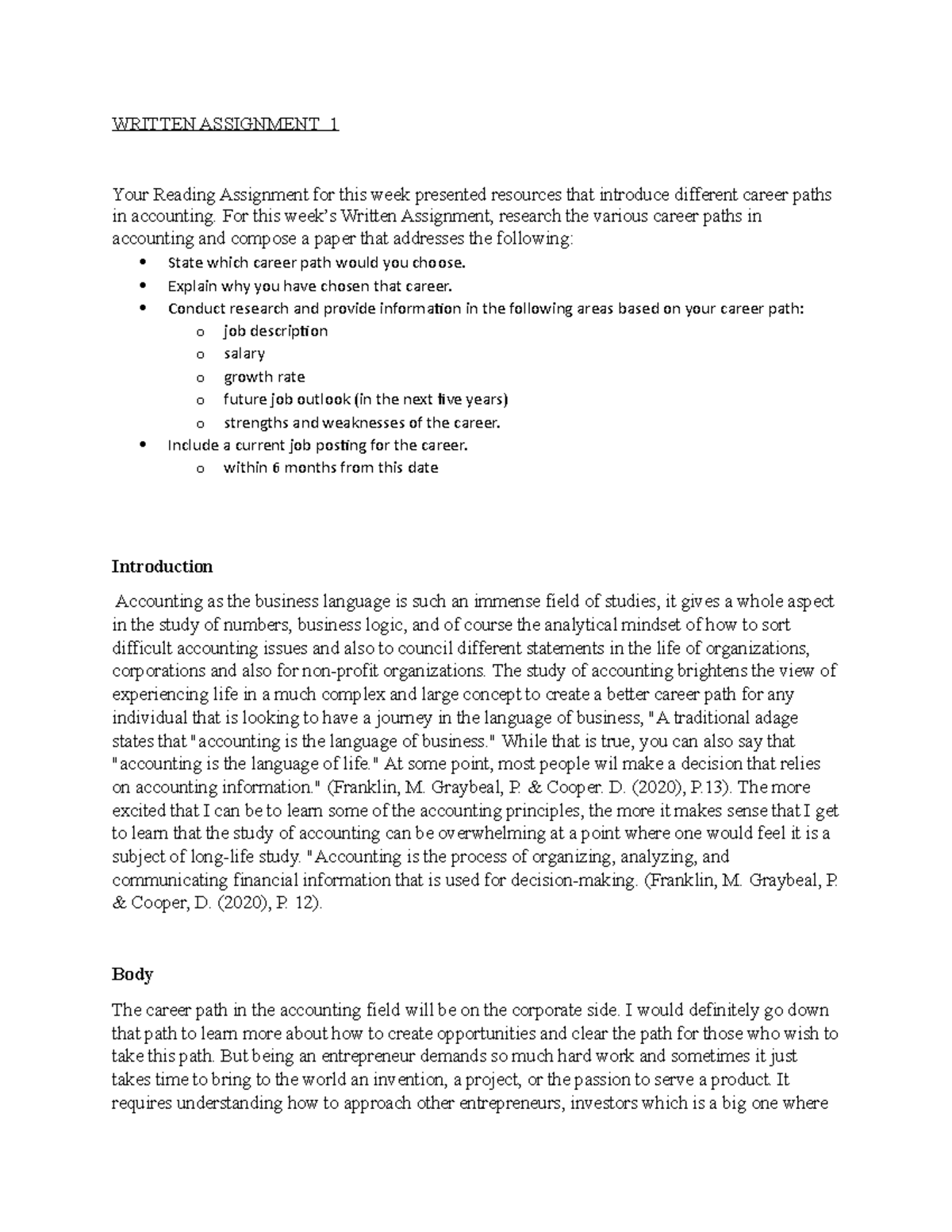 Written Assignment 1 - WRITTEN ASSIGNMENT 1 Your Reading Assignment for ...