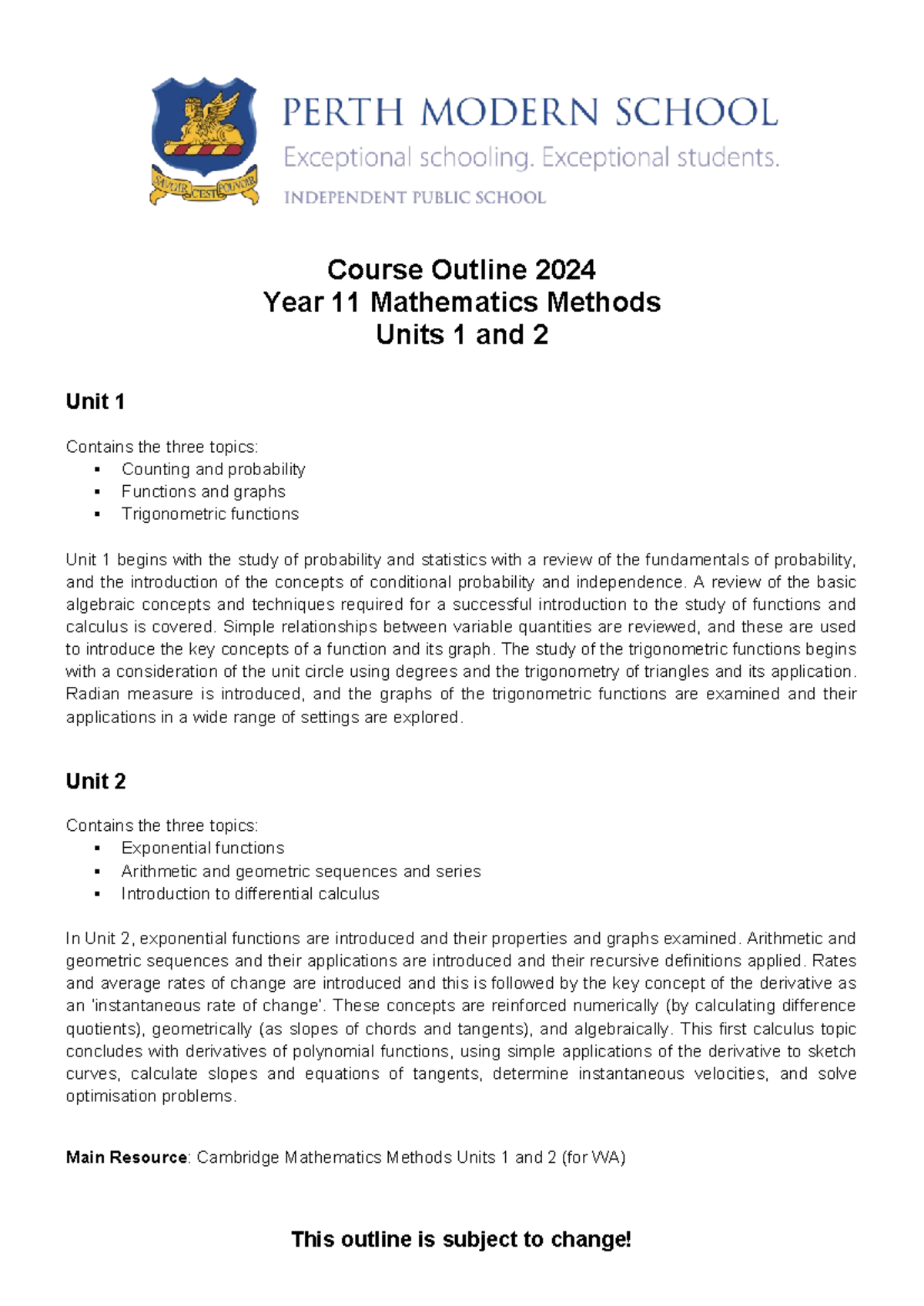 Aemam CO - Course Outline 2024 Year 11 Mathematics Methods Units 1 and ...