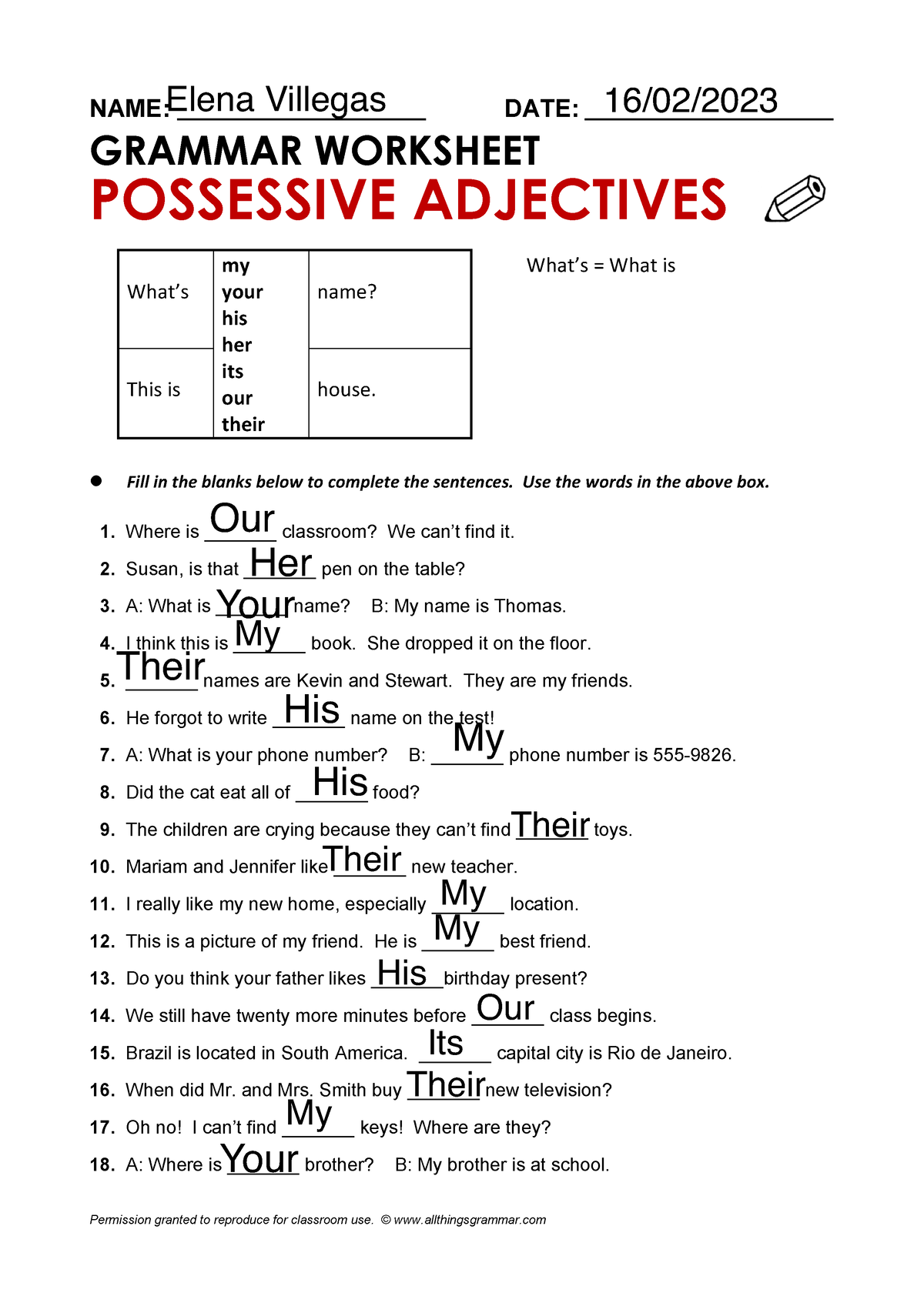 Editado - Possesive Adjectives - NAME: ________________________ DATE