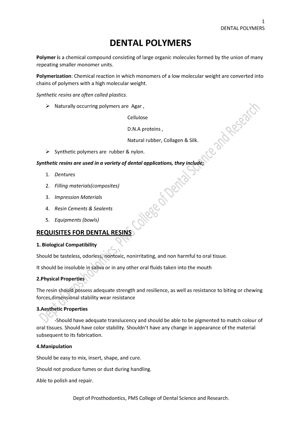 Dental Polymers Notes - DENTAL POLYMERS DENTAL POLYMERS Polymer is a ...