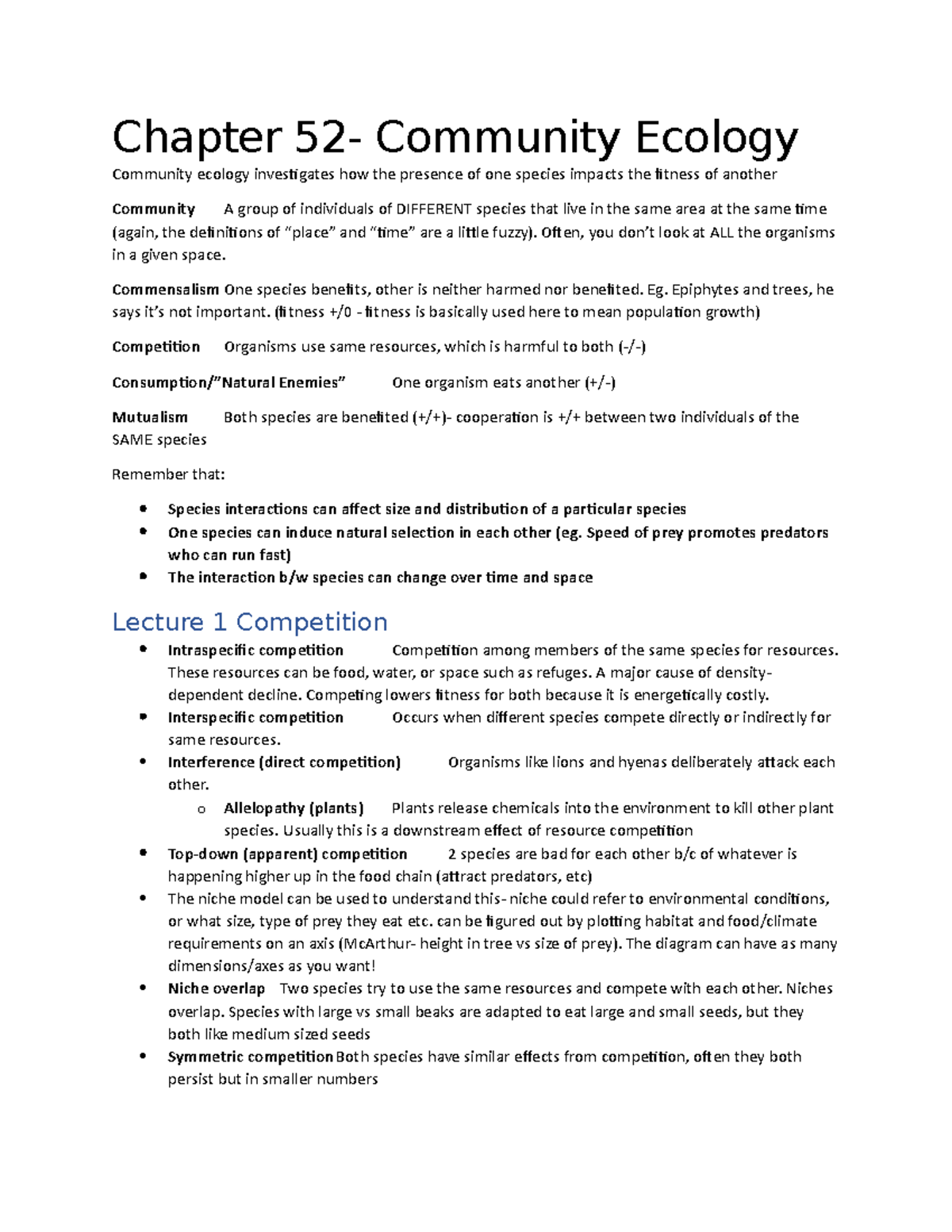 Chapter 52 - Lecture Notes Community Ecology, Lectures 1-3 - Chapter ...